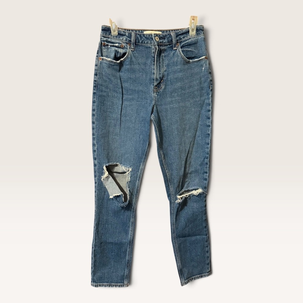 Abercrombie & Fitch Curve Love Skinny High Rise Jeans 28 6 Blue Distressed Knee